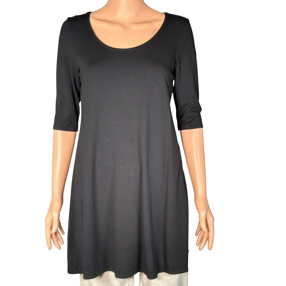 Eileen Fisher Black Viscose Jersey Knit Elbow Sleeve Tunic Top Small